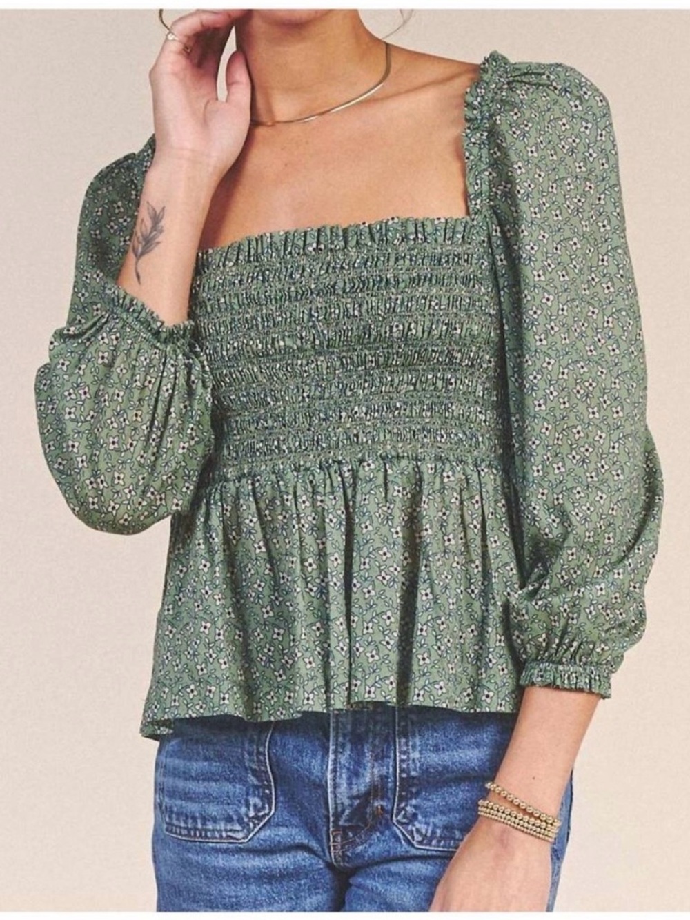 TROVATA Alize Smocked Blouse In Basil Floret Size Medium